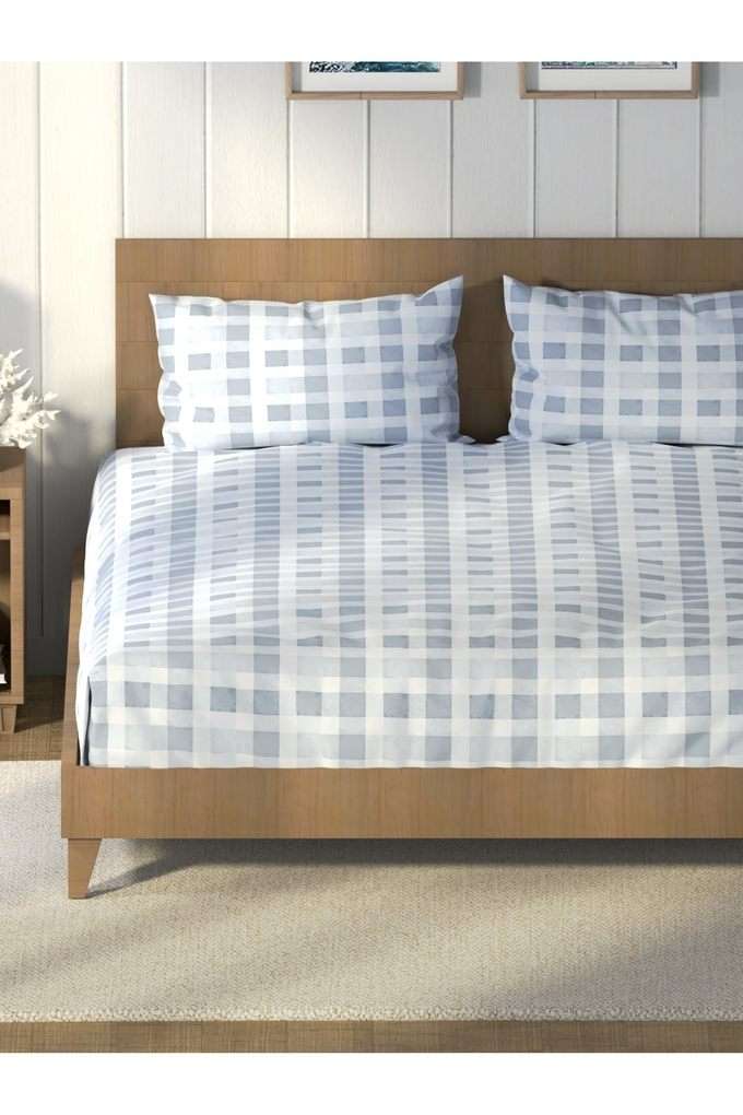 Super-Soft-100--Cotton-King-Bedsheet-And-2-Pillow-Covers--3Pc-Set-(Raymarine)-Checks-Skyway