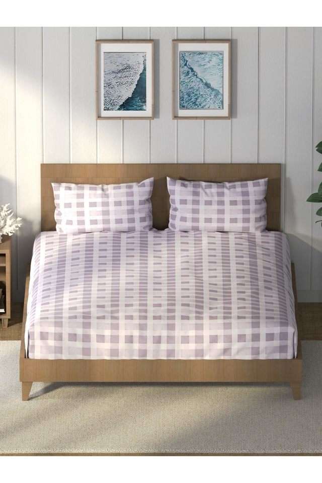 Super-Soft-100--Cotton-King-Bedsheet-And-2-Pillow-Covers--3Pc-Set-(Raymarine)-Checks-Lavendar