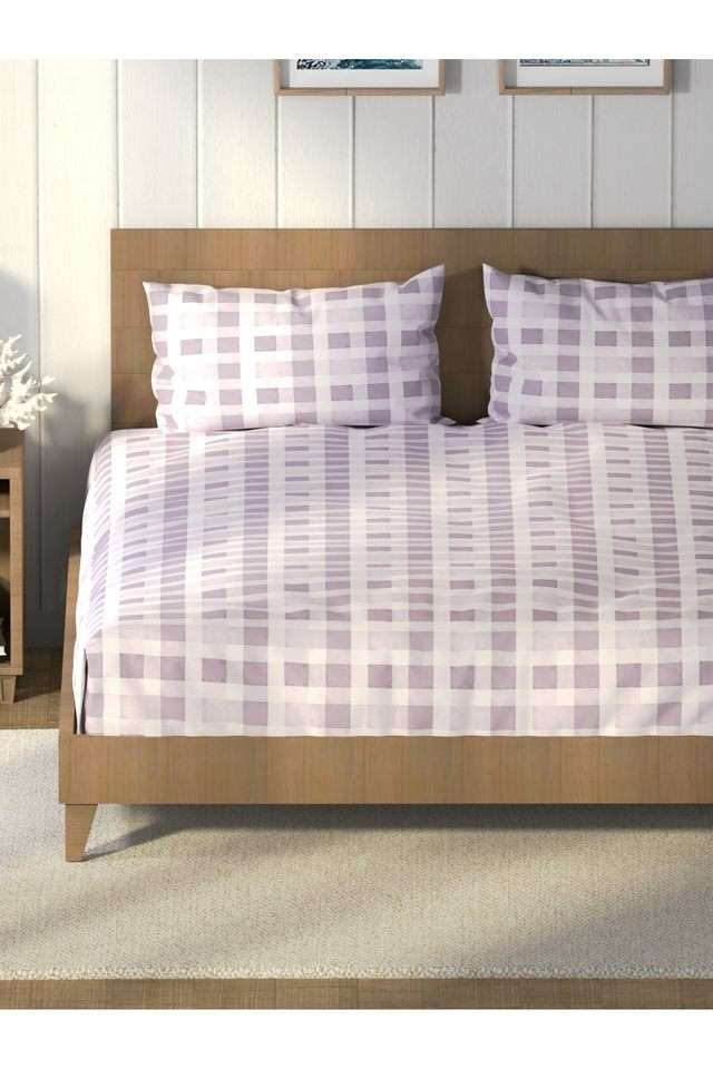 Super-Soft-100--Cotton-King-Bedsheet-And-2-Pillow-Covers--3Pc-Set-(Raymarine)-Checks-Lavendar