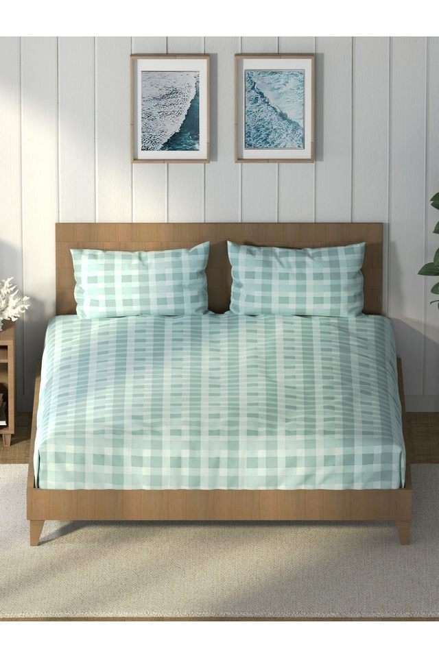 Super-Soft-100--Cotton-King-Bedsheet-And-2-Pillow-Covers--3Pc-Set-(Raymarine)-Checks-Aqua