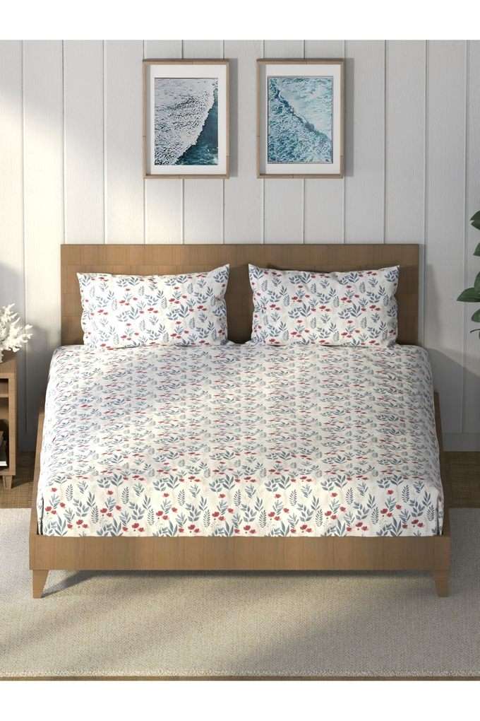 Super-Soft-100--Cotton-King-Bedsheet-And-2-Pillow-Covers--3Pc-Set-(Raymarine)-Floral-Captainblue