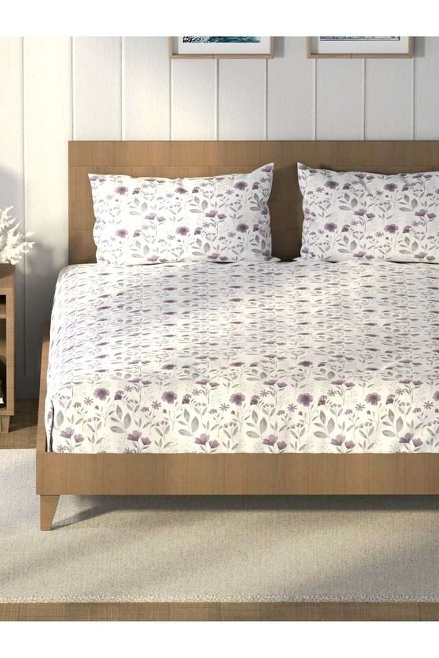 Super-Soft-100--Cotton-King-Bedsheet-And-2-Pillow-Covers--3Pc-Set-(Raymarine)-Floral-Lavendar