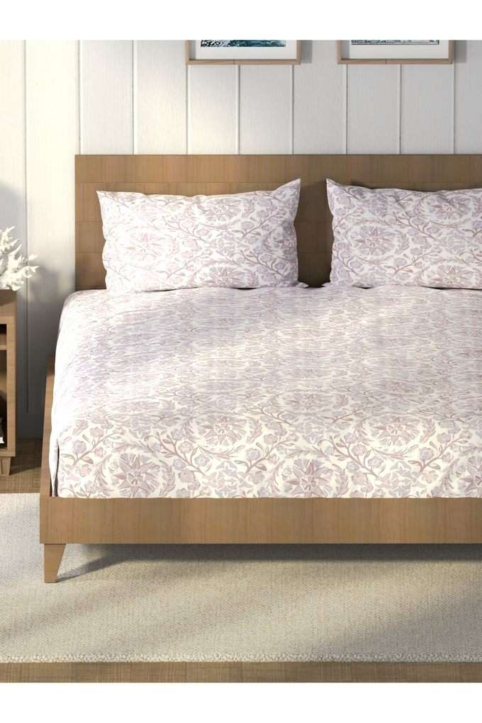 Super-Soft-100--Cotton-King-Bedsheet-And-2-Pillow-Covers--3Pc-Set-(Raymarine)-Floral-Lavendar