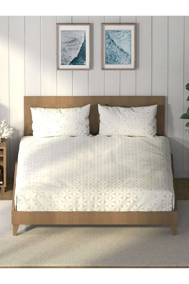 Super-Soft-100--Cotton-King-Bedsheet-And-2-Pillow-Covers--3Pc-Set-(Raymarine)-Geometric-Naturalbeige