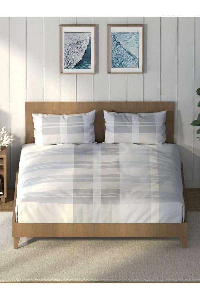 Super-Soft-100--Cotton-King-Bedsheet-And-2-Pillow-Covers--3Pc-Set-(Raymarine)-Geometric-Grey/Blue