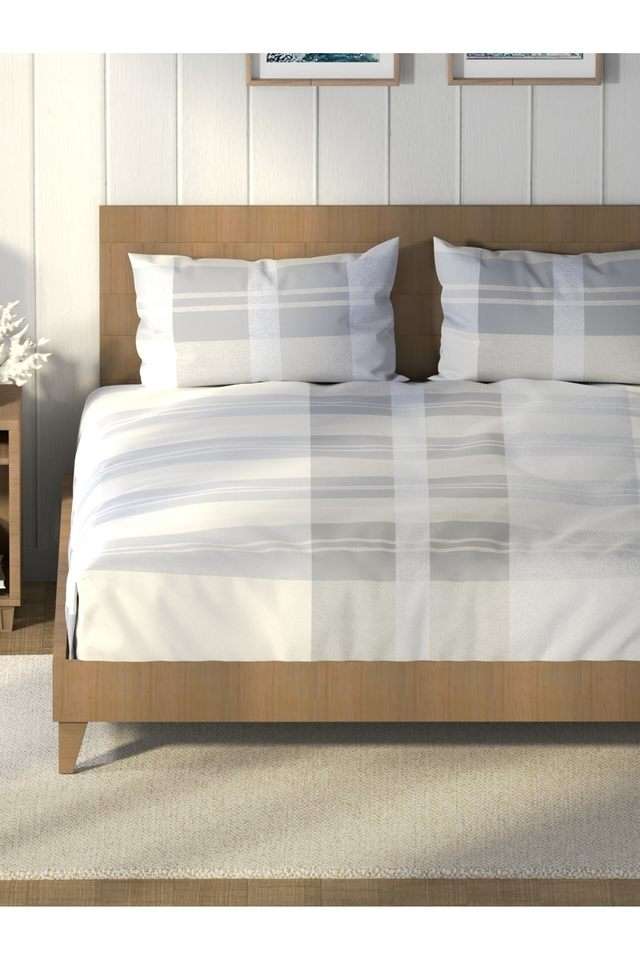 Super-Soft-100--Cotton-King-Bedsheet-And-2-Pillow-Covers--3Pc-Set-(Raymarine)-Geometric-Grey/Blue