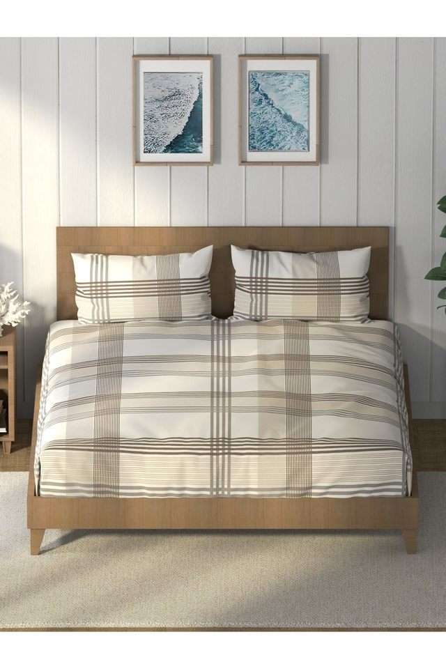 Super-Soft-100--Cotton-King-Bedsheet-And-2-Pillow-Covers--3Pc-Set-(Raymarine)-Stripe-Beige/Grey