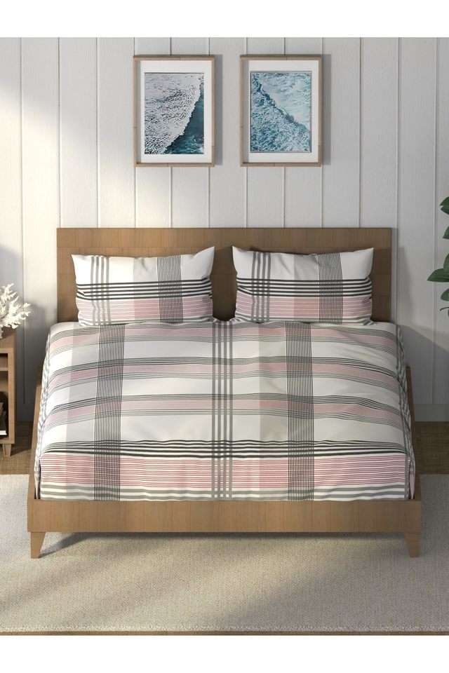 Super-Soft-100--Cotton-King-Bedsheet-And-2-Pillow-Covers--3Pc-Set-(Raymarine)-Stripe-Red/Grey