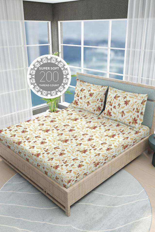 India-Siesta-Egyptian-Cotton-200-TC-Floral-Print-King-Bedsheet-with-2-Pillow-Covers