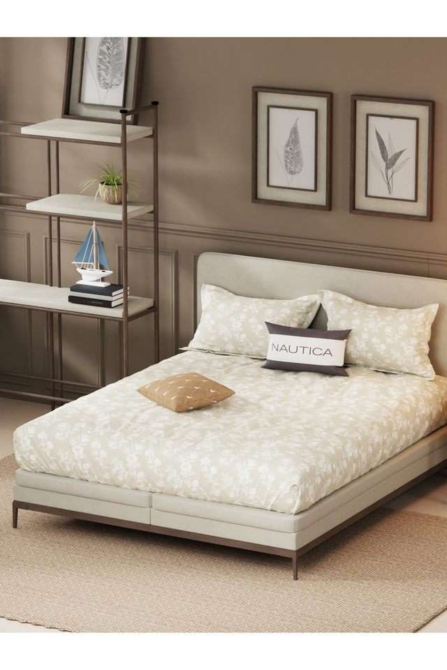 Designer-100--Satin-Cotton-Xl-King-Bedsheet-With-2-Pillow-Covers--3Pc-Set-(Upperdeck)-Floral-Sand