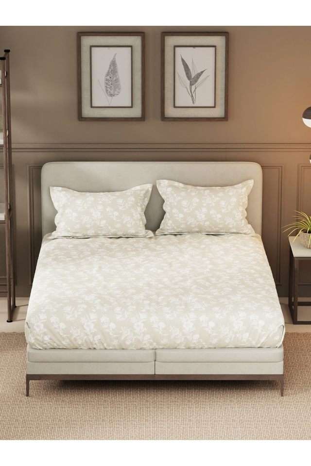 Designer-100--Satin-Cotton-Xl-King-Bedsheet-With-2-Pillow-Covers--3Pc-Set-(Upperdeck)-Floral-Sand