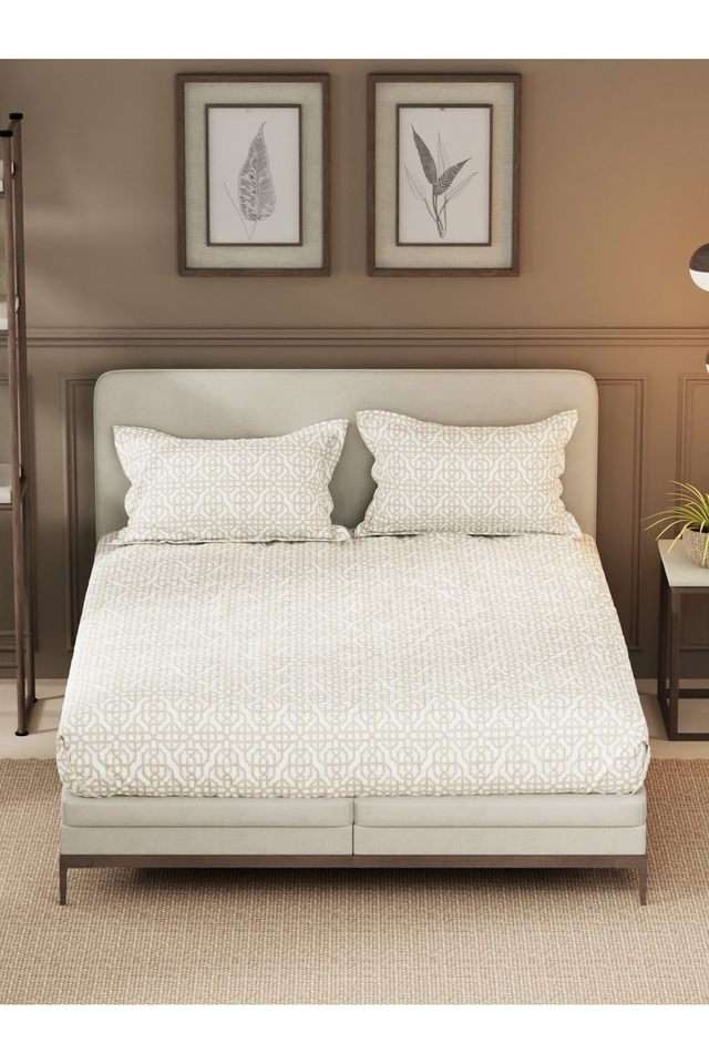 Designer-100--Satin-Cotton-Xl-King-Bedsheet-With-2-Pillow-Covers--3Pc-Set-(Upperdeck)-Ornamental-Sand