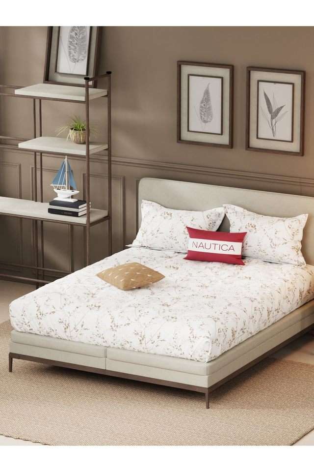 Designer-100--Satin-Cotton-Xl-King-Bedsheet-With-2-Pillow-Covers--3Pc-Set-(Upperdeck)-Floral-Sand