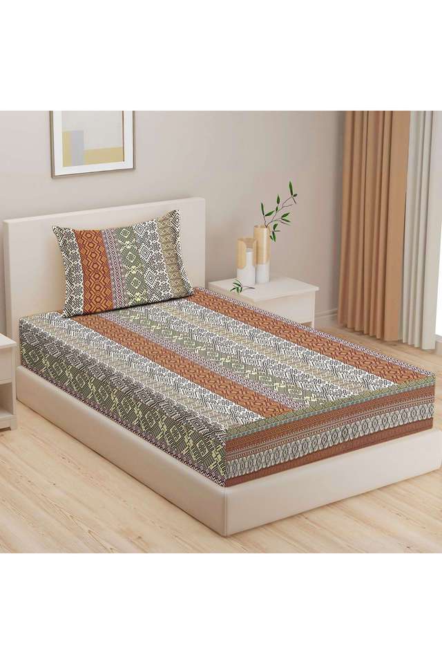 Brown-&-Olive-Green-Ethnic-Motif-160TC-Pure-Cotton-Superior-Comfort-Veda-Single-Bedsheet-Set