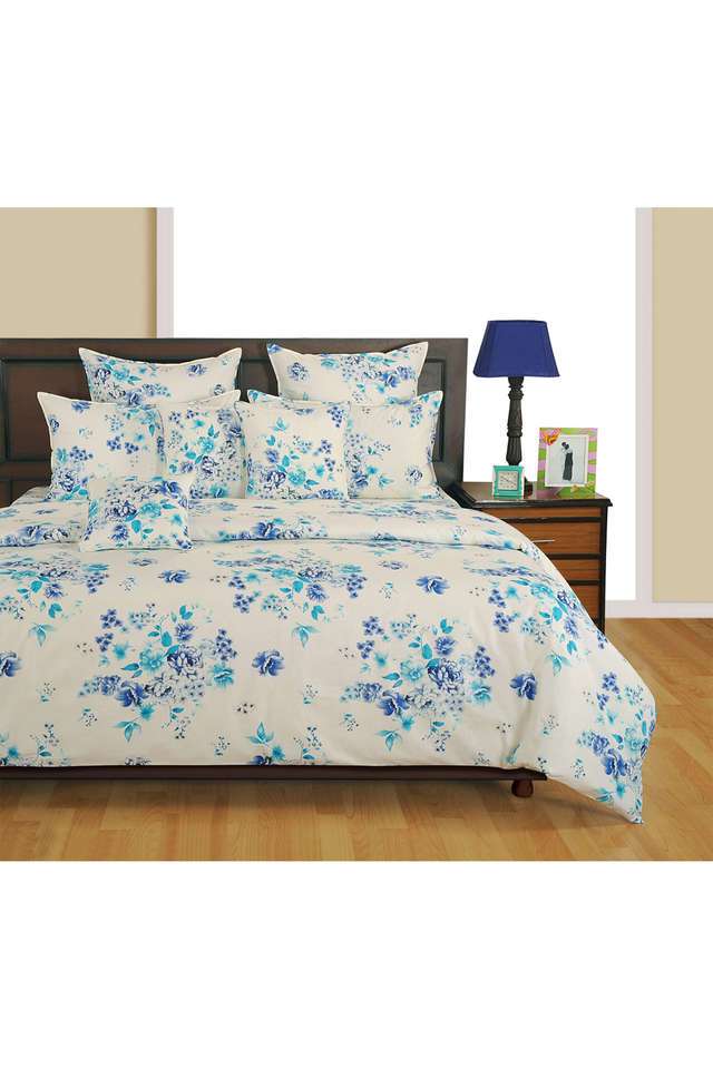 Navy-Blue-&-Aqua-Blue-Floral-160TC-Pure-Cotton-Superior-Comfort-Veda-Double-Bedsheet-Set