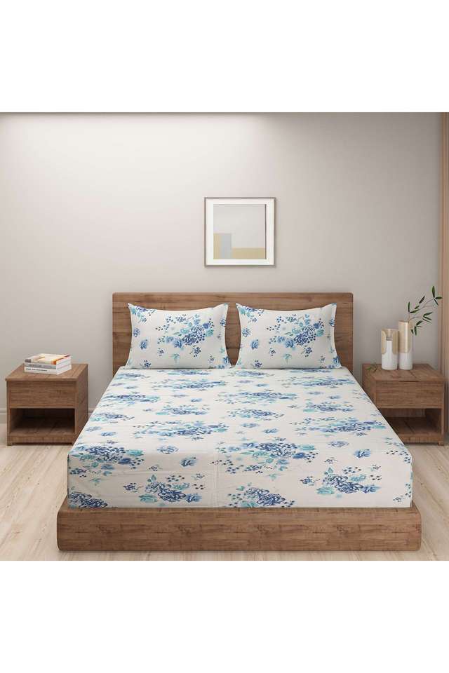 Navy-Blue-&-Aqua-Blue-Floral-160TC-Pure-Cotton-Superior-Comfort-Veda-Double-Bedsheet-Set