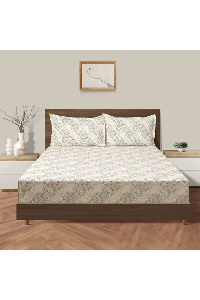 Grey-&-Golden-Beige-Floral-160TC-Pure-Cotton-Superior-Comfort-Veda-Double-Bedsheet-Set