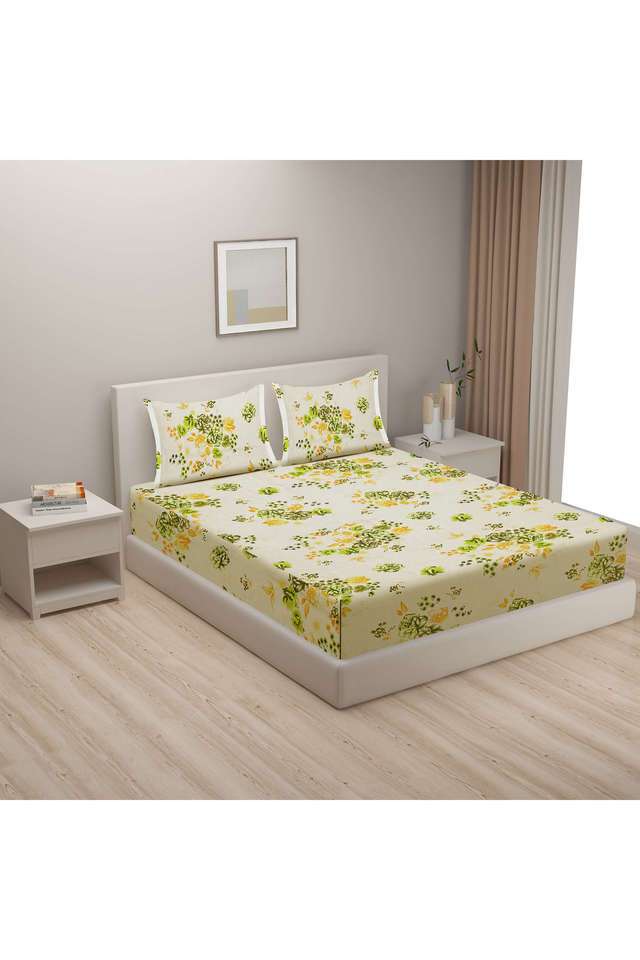 Green-&-Yellow-Floral-160TC-Pure-Cotton-Superior-Comfort-Veda-King-Fitted-Bedsheet-Set