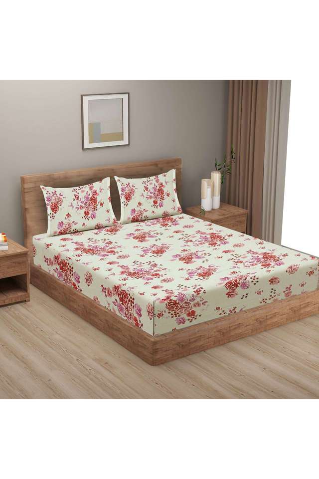 Pink-&-Red-Floral-160TC-Pure-Cotton-Superior-Comfort-Veda-King-Fitted-Bedsheet-Set