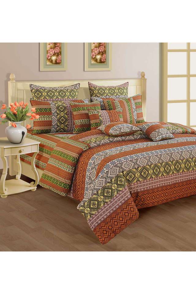 Brown-&-Olive-Green-Ethnic-Motif-160TC-Pure-Cotton-Superior-Comfort-Veda-King-Fitted-Bedsheet-Set