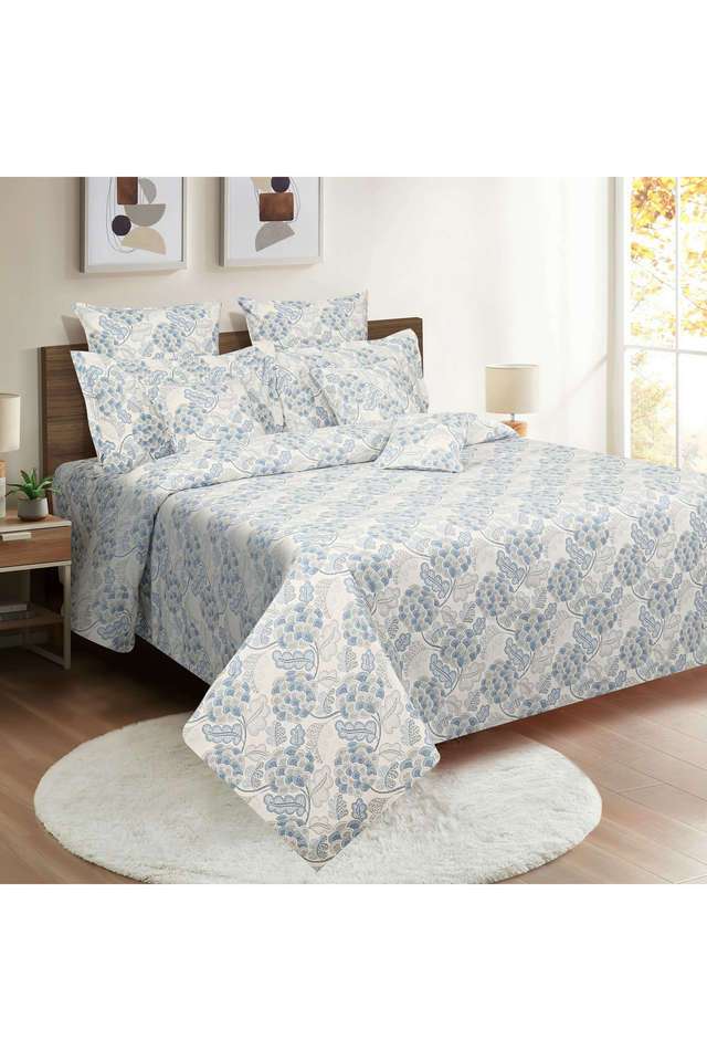 Light-Blue-&-Grey-Floral-160TC-Pure-Cotton-Superior-Comfort-Veda-King-Fitted-Bedsheet-Set