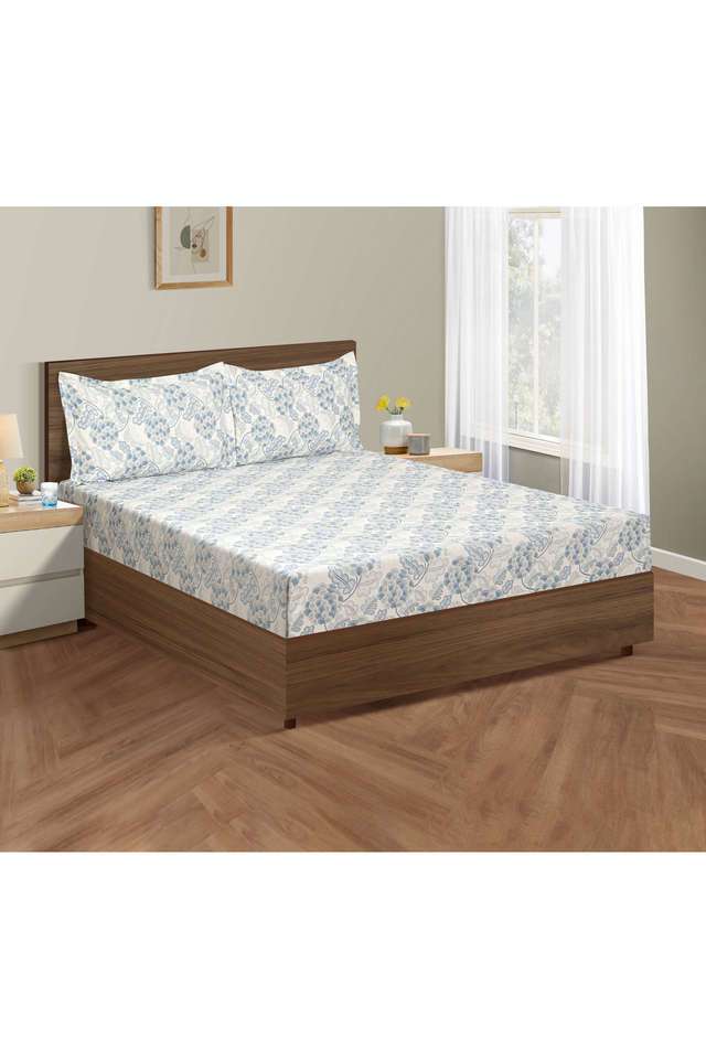 Light-Blue-&-Grey-Floral-160TC-Pure-Cotton-Superior-Comfort-Veda-King-Fitted-Bedsheet-Set