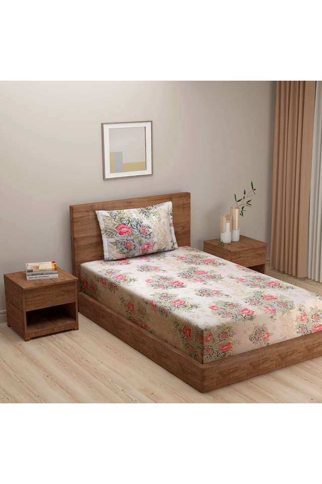 Pink-&-Olive-Green-Floral-250TC-Mercerized-Pure-Cotton-Premium-Zinnia-Single-Bedsheet-Set