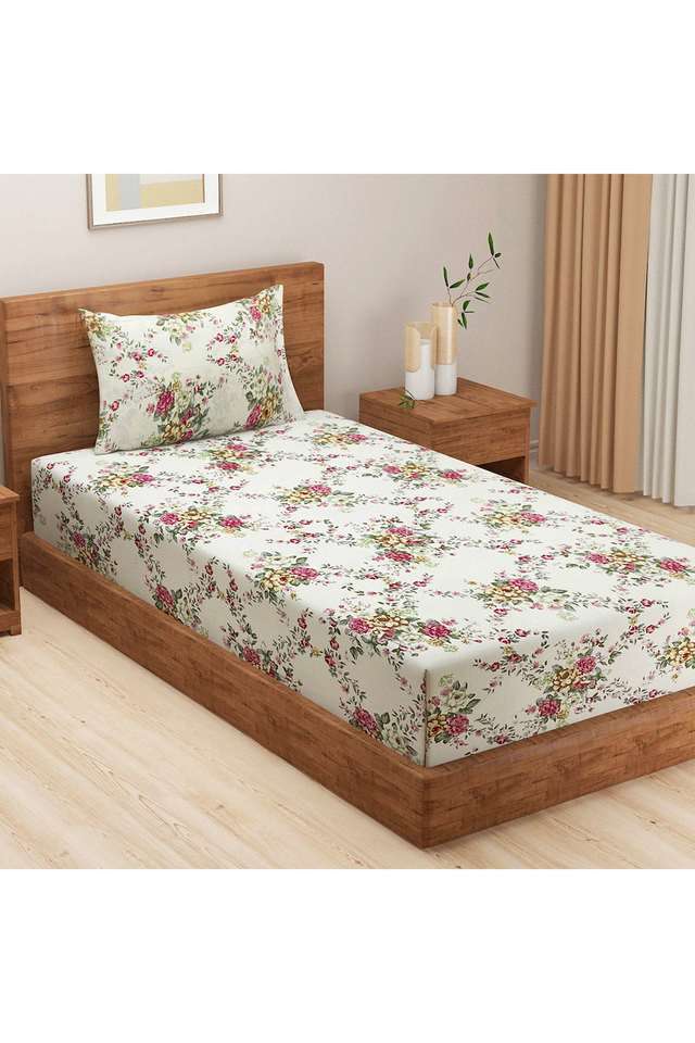 Cream-&-Pink-Floral-250TC-Mercerized-Pure-Cotton-Premium-Zinnia-Single-Bedsheet-Set