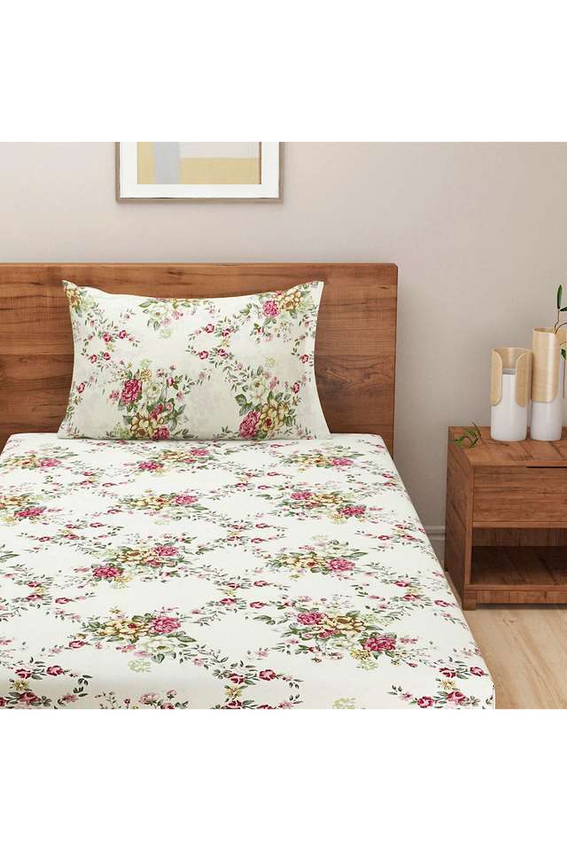 Cream-&-Pink-Floral-250TC-Mercerized-Pure-Cotton-Premium-Zinnia-Single-Bedsheet-Set