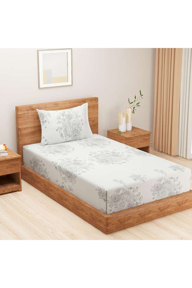 White-&-Grey-Ethnic-Motif-250TC-Mercerized-Pure-Cotton-Premium-Zinnia-Single-Bedsheet-Set