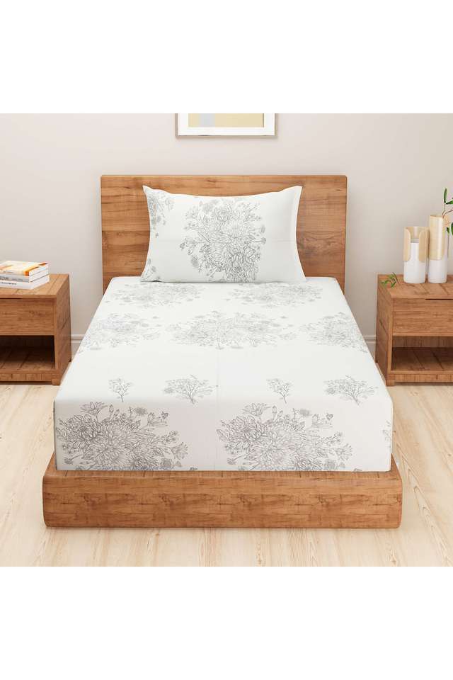 White-&-Grey-Ethnic-Motif-250TC-Mercerized-Pure-Cotton-Premium-Zinnia-Single-Bedsheet-Set