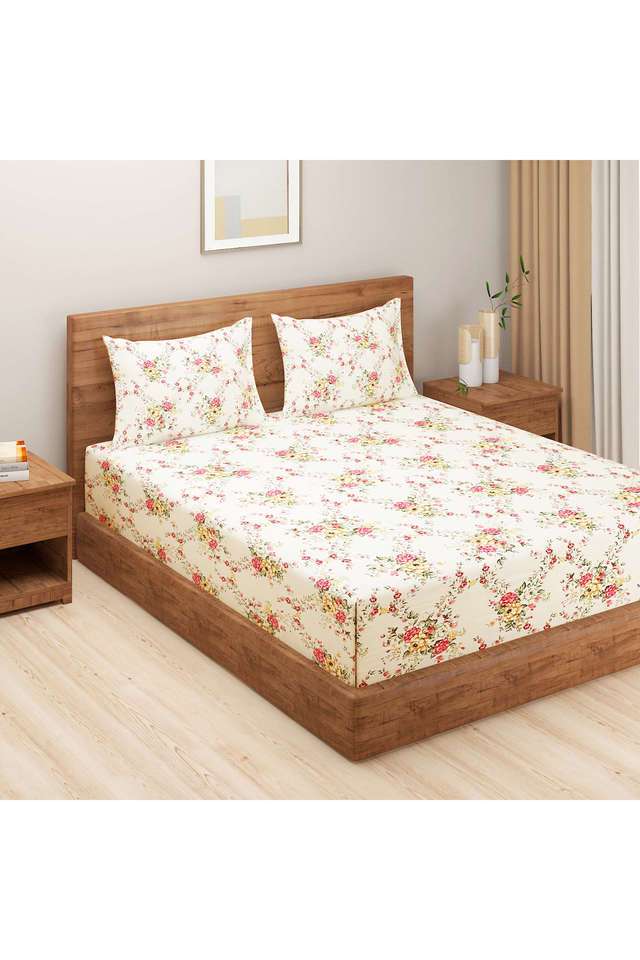 Cream-&-Pink-Floral-250TC-Mercerized-Pure-Cotton-Premium-Zinnia-Double-Bedsheet-Set