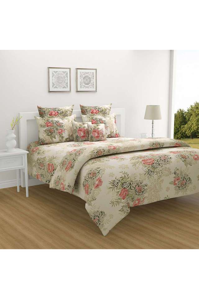 Pink-&-Olive-Green-Floral-250TC-Mercerized-Pure-Cotton-Premium-Zinnia-King-Fitted-Bedsheet-Set