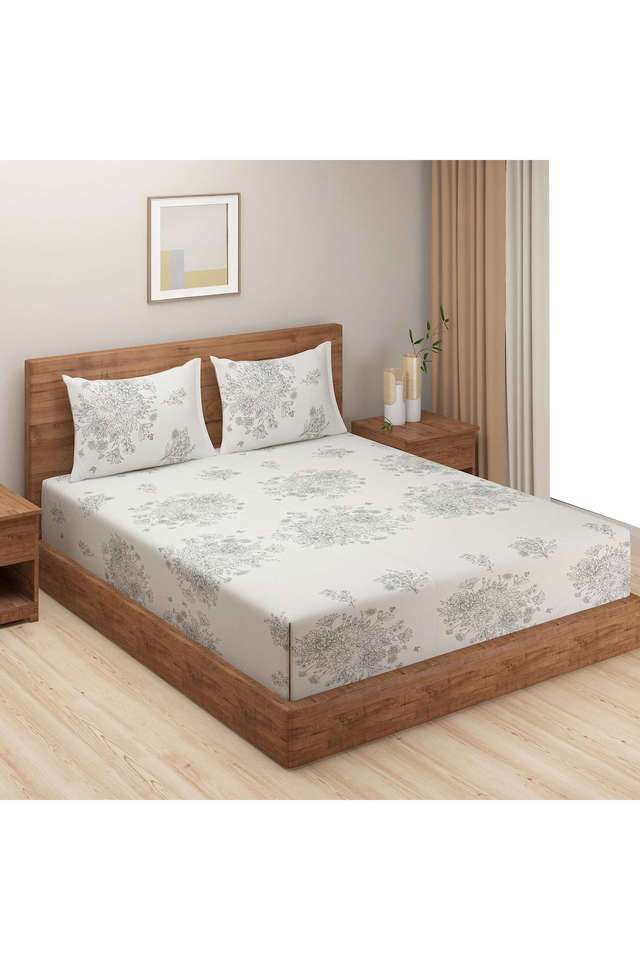 White-&-Grey-Ethnic-Motif-250TC-Mercerized-Pure-Cotton-Premium-Zinnia-King-Fitted-Bedsheet-Set