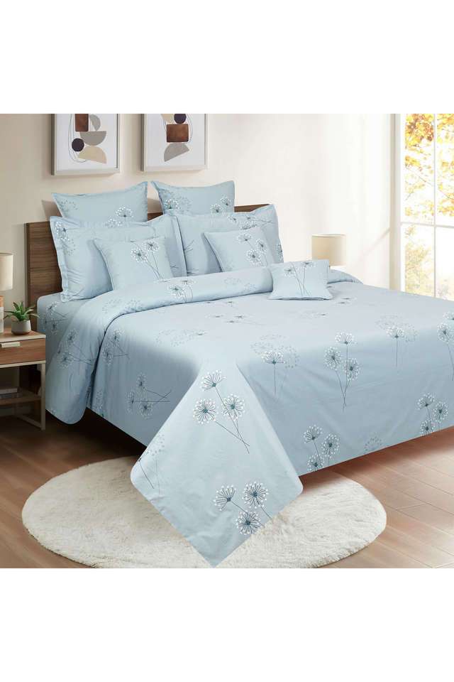 Pastel-Blue-&-White-Floral-250TC-Mercerized-Pure-Cotton-Premium-Zinnia-King-Fitted-Bedsheet-Set