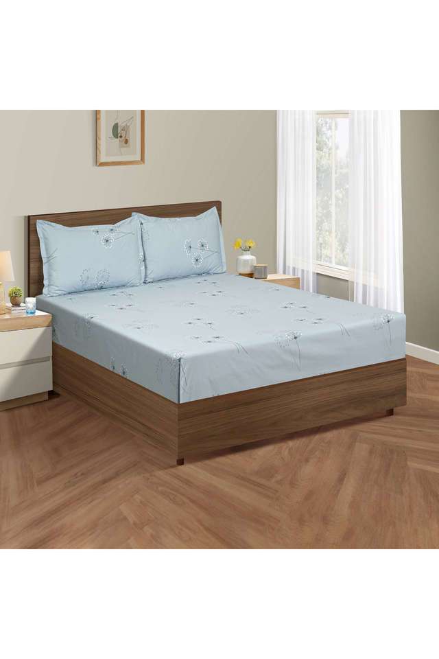 Pastel-Blue-&-White-Floral-250TC-Mercerized-Pure-Cotton-Premium-Zinnia-King-Fitted-Bedsheet-Set