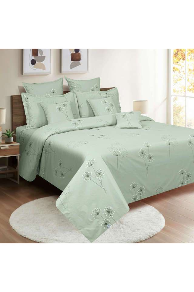 Pastel-Green-&-White-Floral-250TC-Mercerized-Pure-Cotton-Premium-Zinnia-King-Fitted-Bedsheet-Set