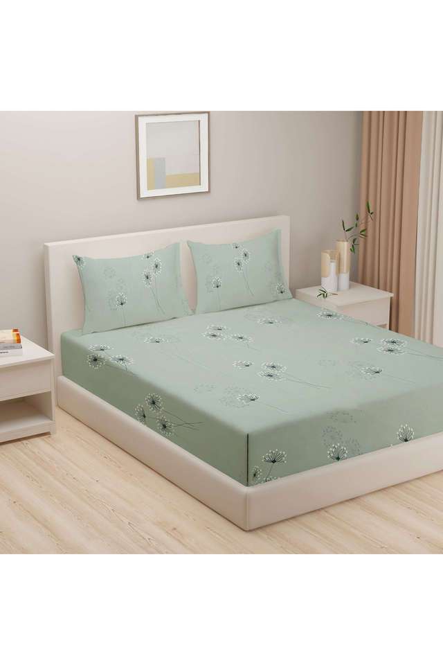 Pastel-Green-&-White-Floral-250TC-Mercerized-Pure-Cotton-Premium-Zinnia-King-Fitted-Bedsheet-Set