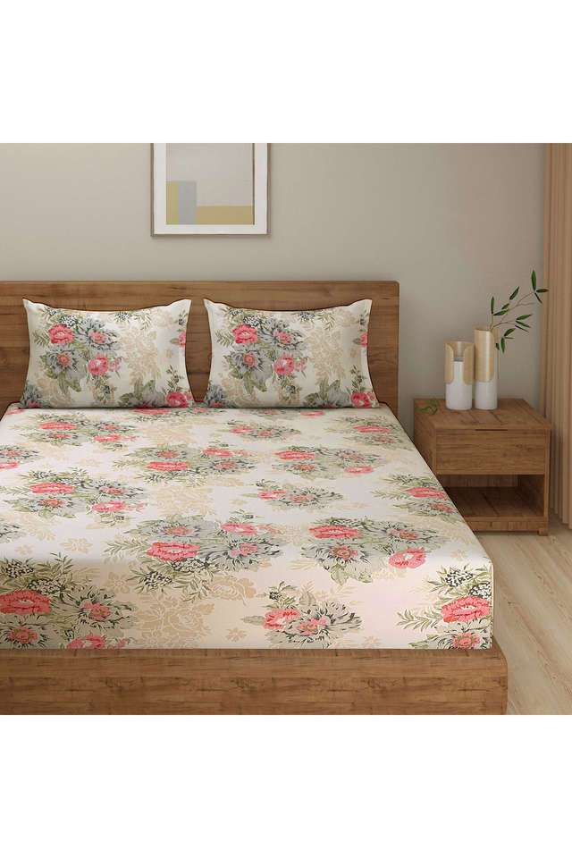 Pink-&-Olive-Green-Floral-250TC-Mercerized-Pure-Cotton-Premium-Zinnia-King-Bedsheet-Set