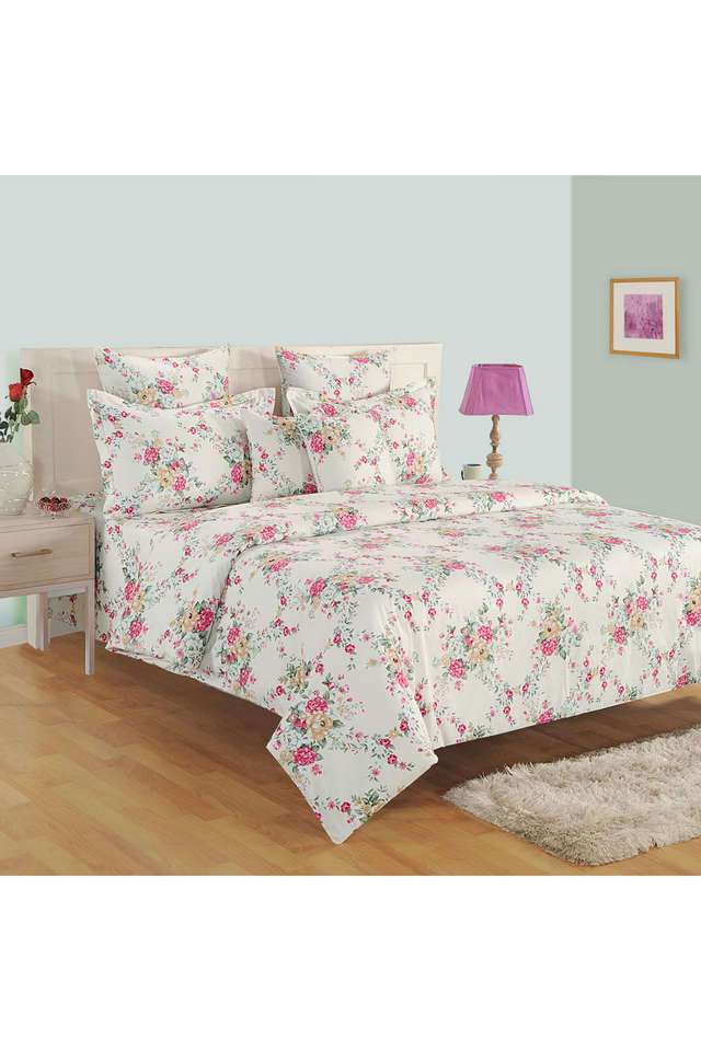 Cream-&-Pink-Floral-250TC-Mercerized-Pure-Cotton-Premium-Zinnia-King-Bedsheet-Set