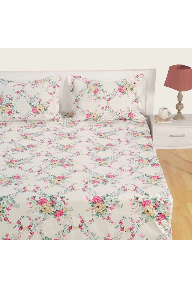 Cream-&-Pink-Floral-250TC-Mercerized-Pure-Cotton-Premium-Zinnia-King-Bedsheet-Set
