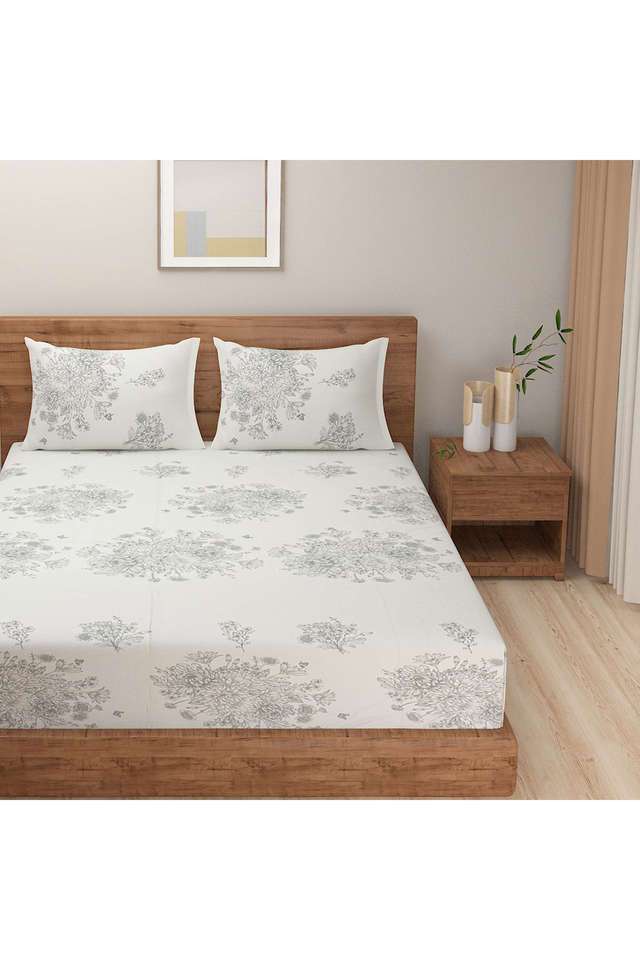 White-&-Grey-Ethnic-Motif-250TC-Mercerized-Pure-Cotton-Premium-Zinnia-King-Bedsheet-Set