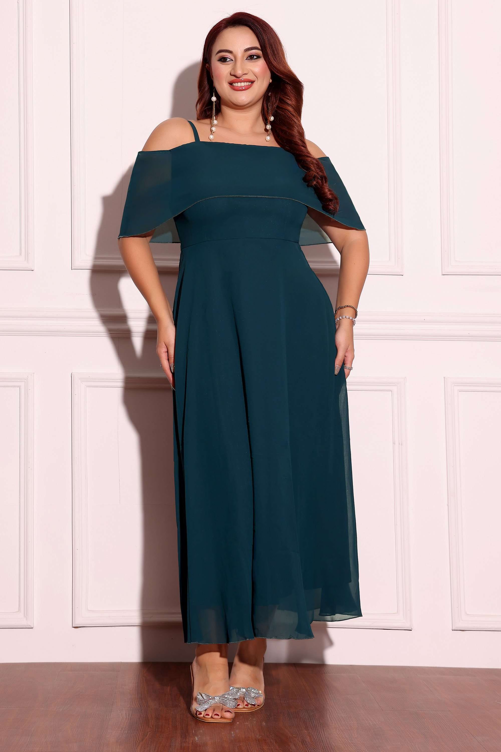 Solid Off Shoulder Georgette Women Dress-image-24