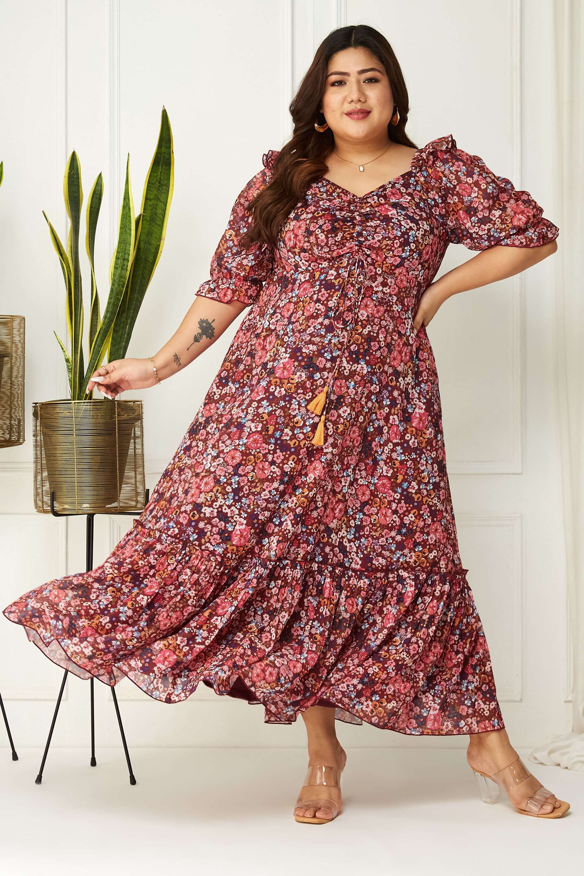 Floral Sweetheart Neck Georgette Women Dress-image-37