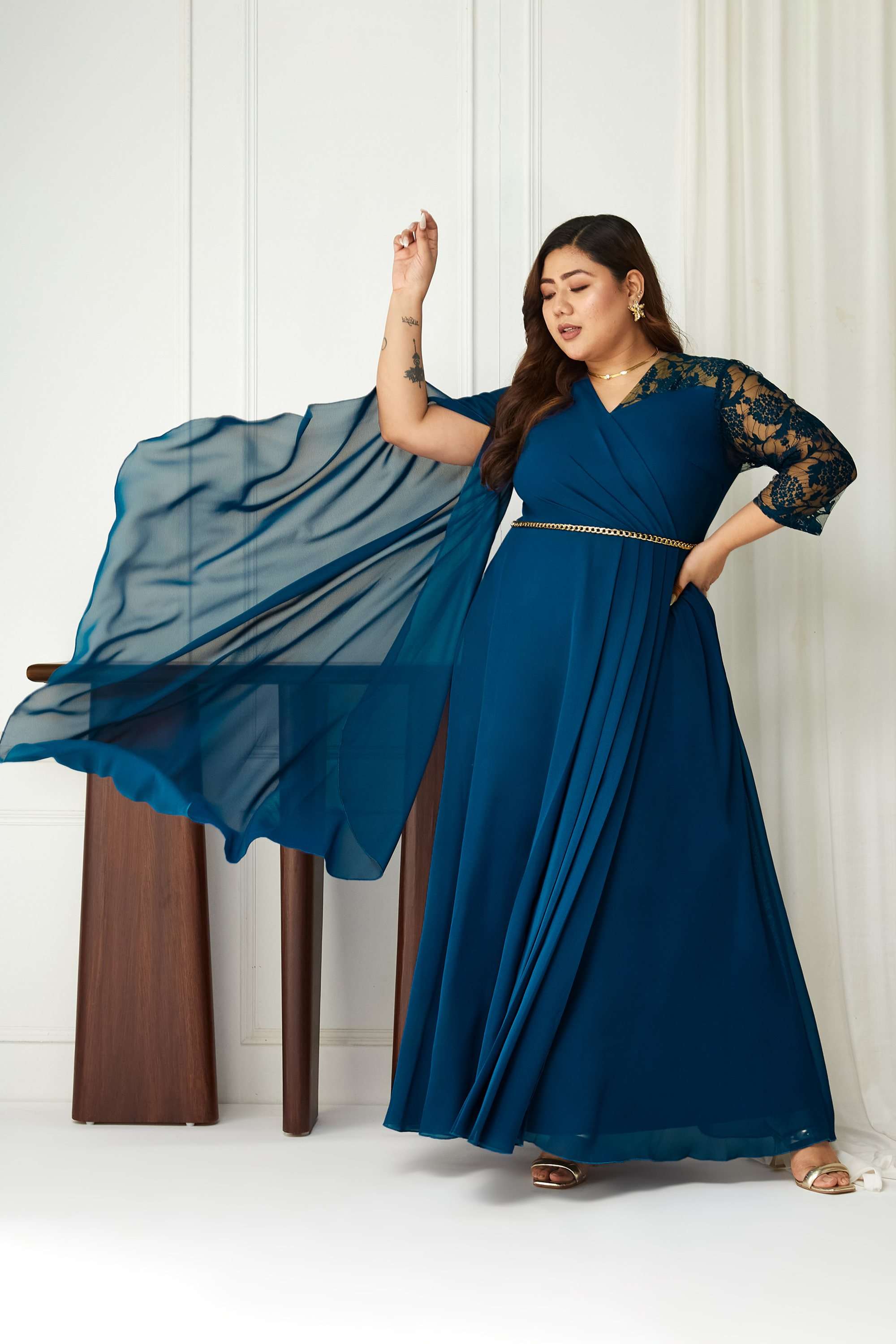 Floral V-Neck Georgette Women Dress-image-46