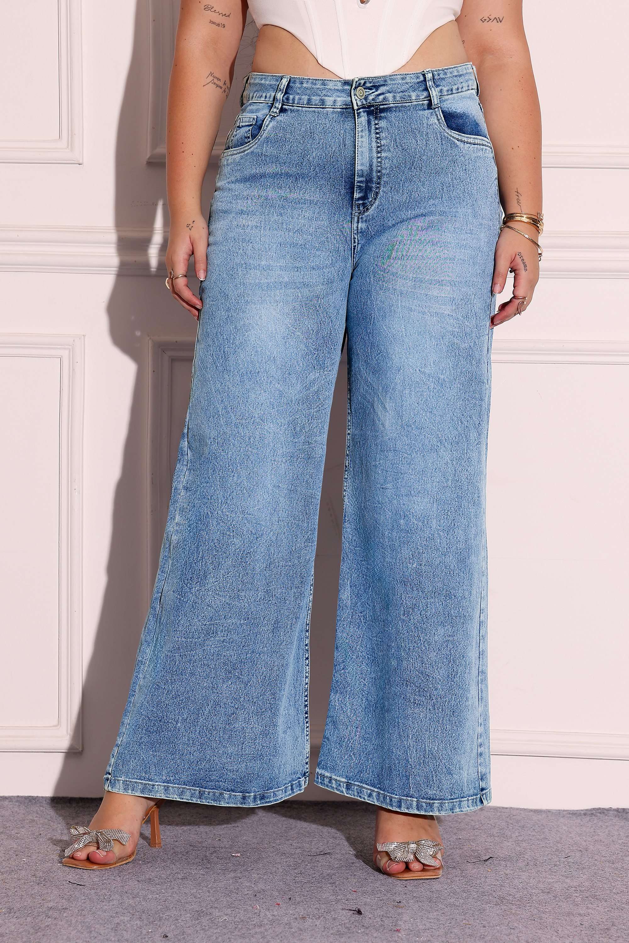 miss chase High Rise Light Wash Denim Wide Leg Fit Women Jeans-picture-36