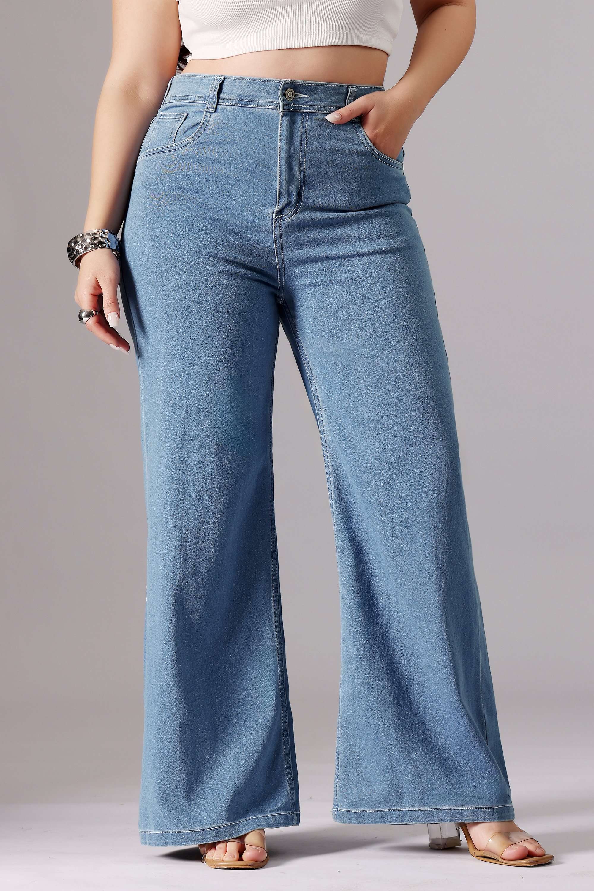 miss chase High Rise Light Wash Denim Wide Leg Fit Women Jeans-picture-39