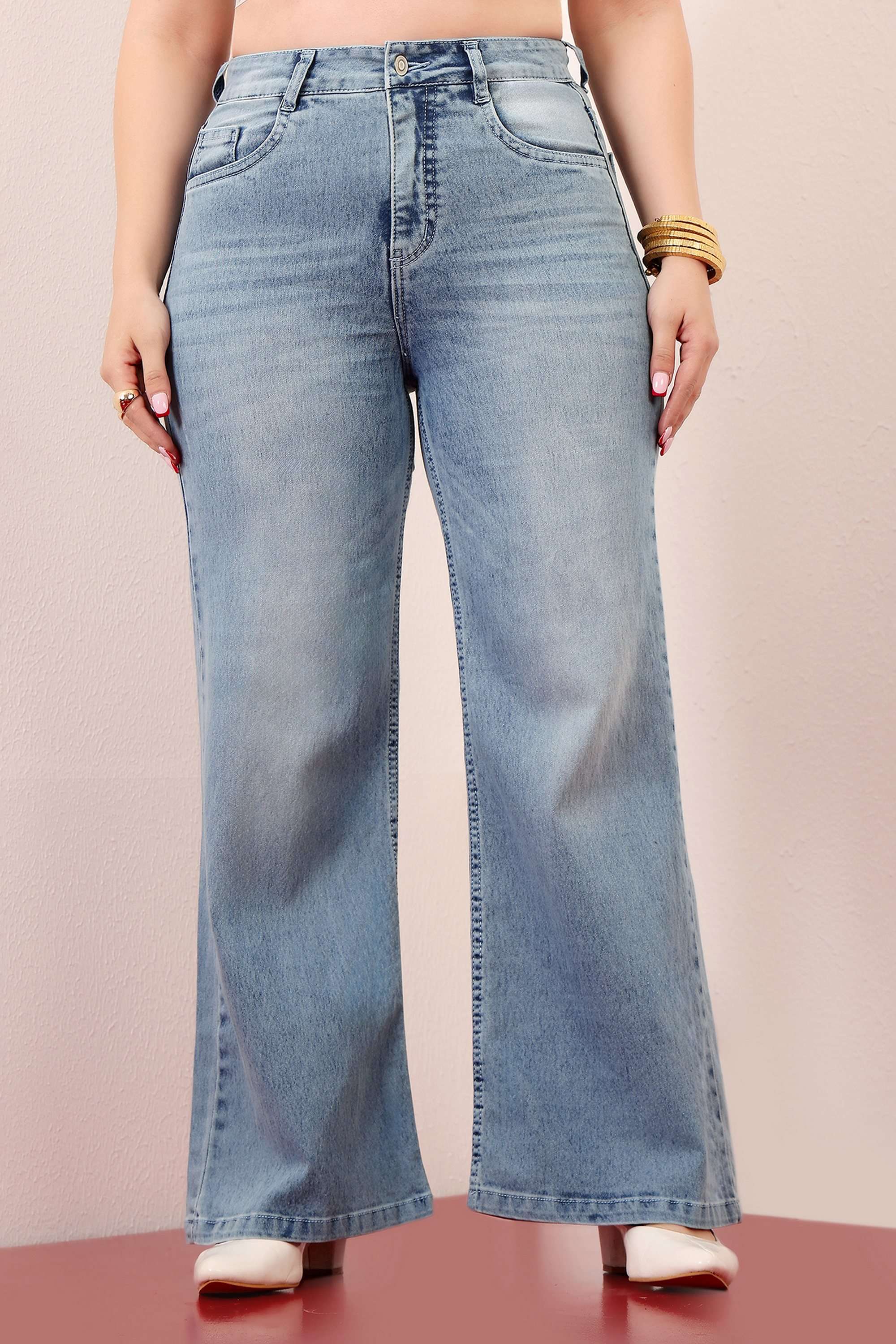 miss chase High Rise Light Wash Denim Wide Leg Fit Women Jeans-picture-27