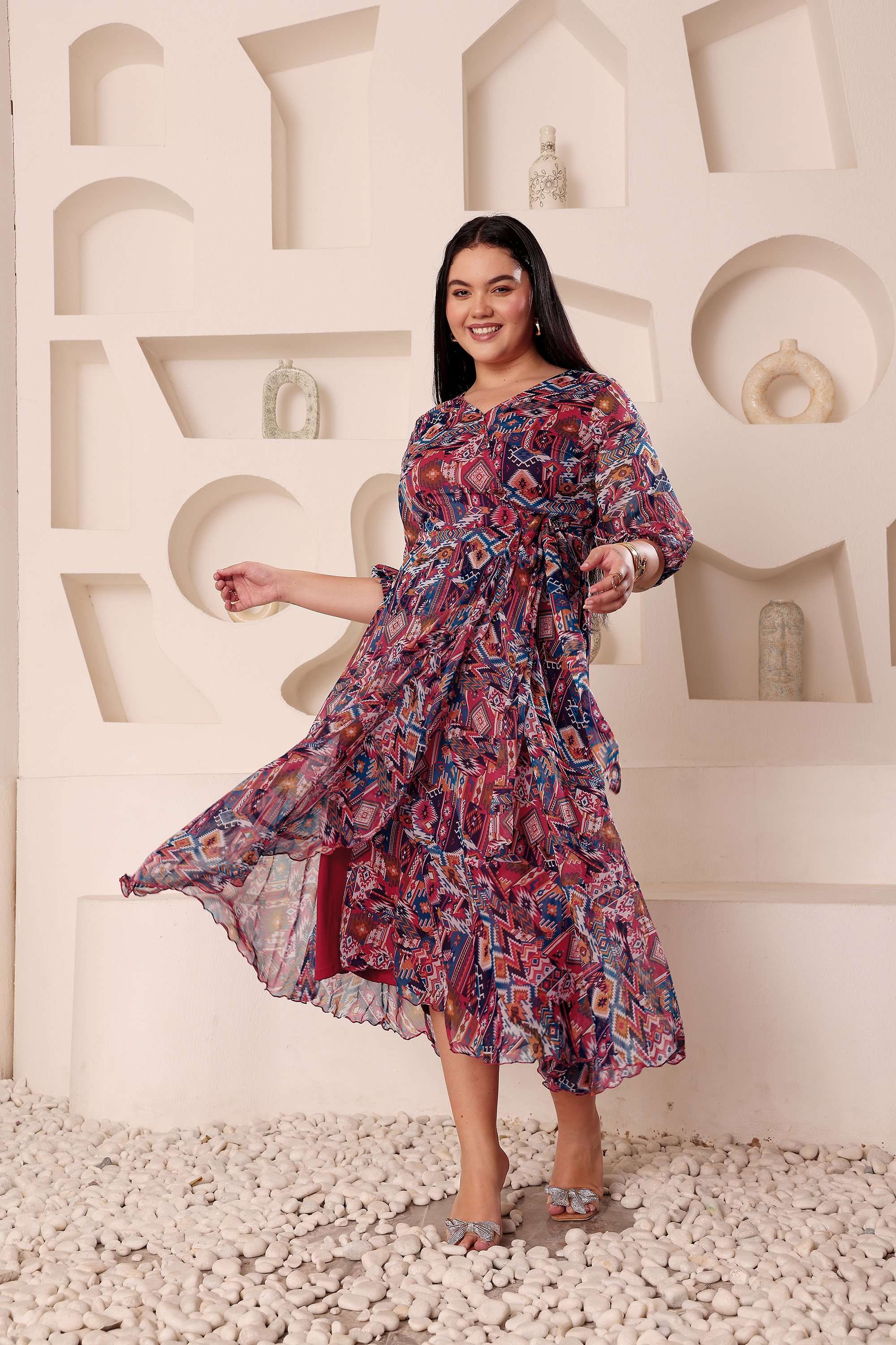 miss chase Geometric Print V-Neck Chiffon Women Dress-picture-24