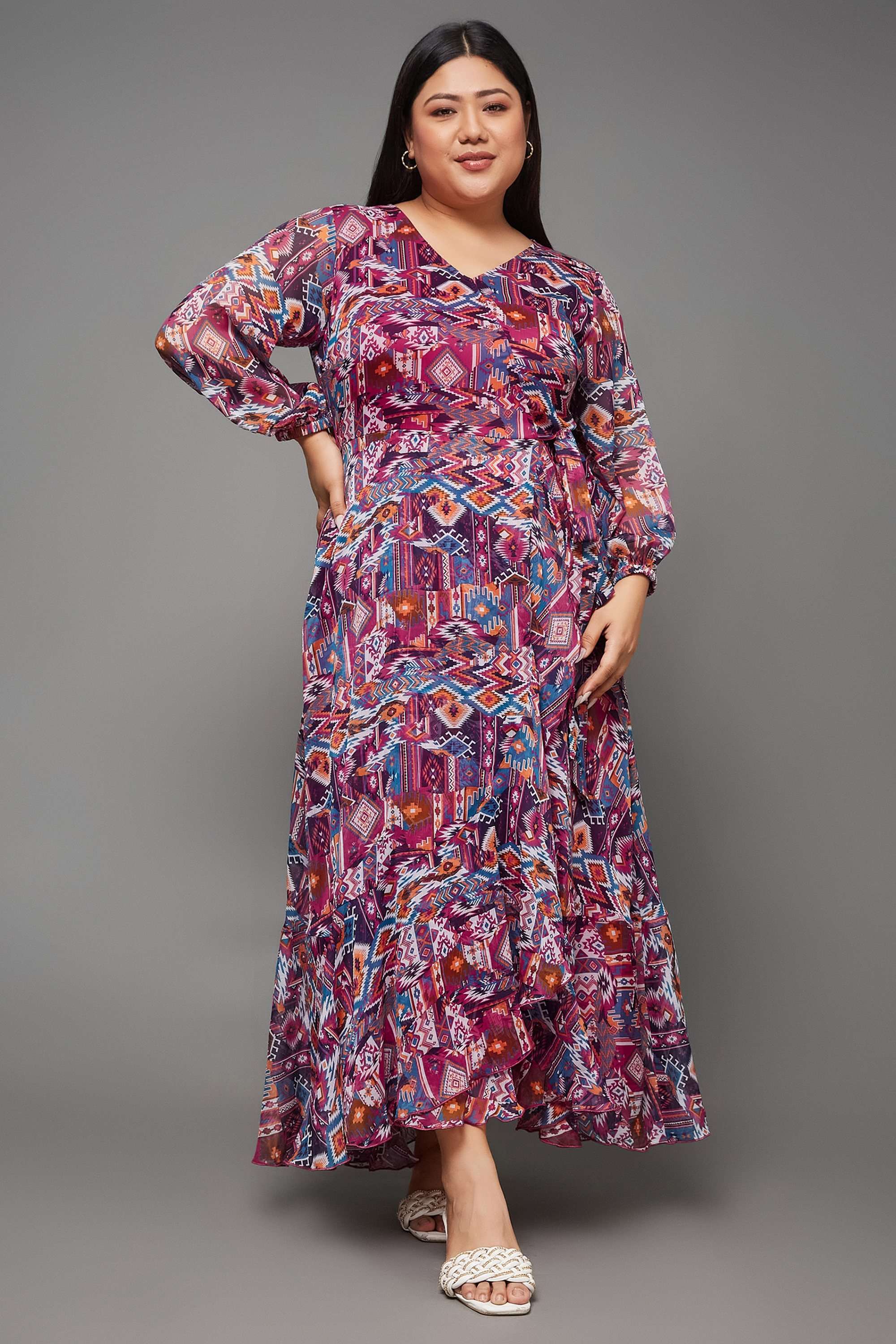 miss chase Geometric Print V-Neck Chiffon Women Dress-picture-38